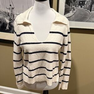 White + Warren Cream and Navy Striped V-Neck Sweater